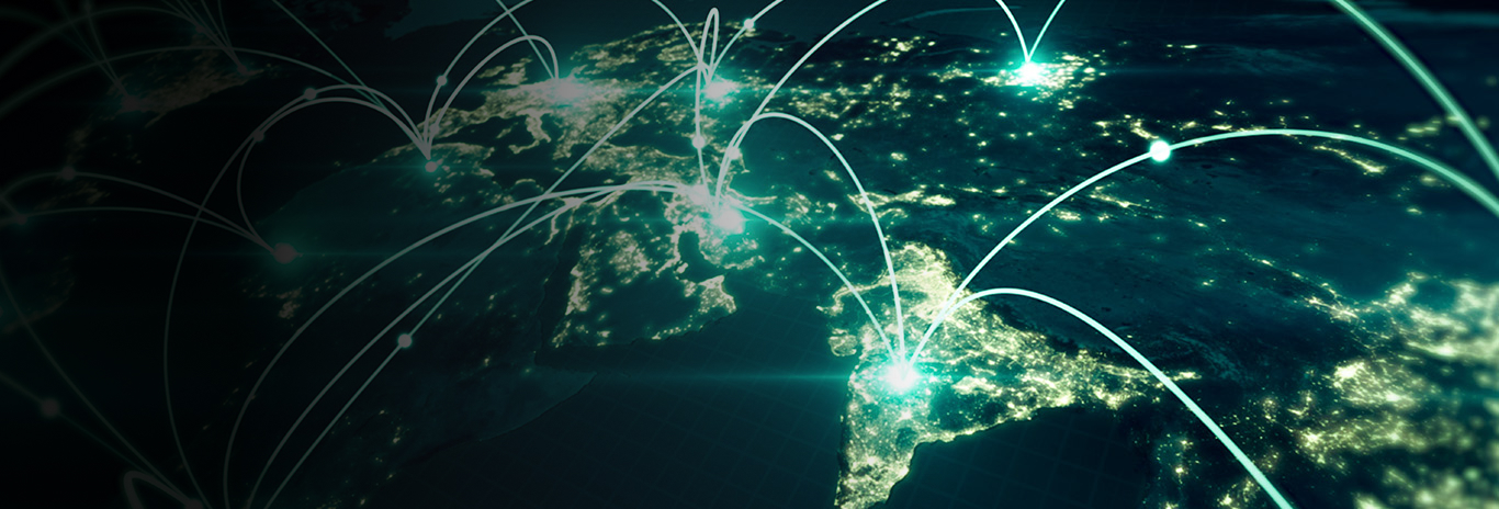mapa mundi com pontos do planeta conectados por pontes de energia
