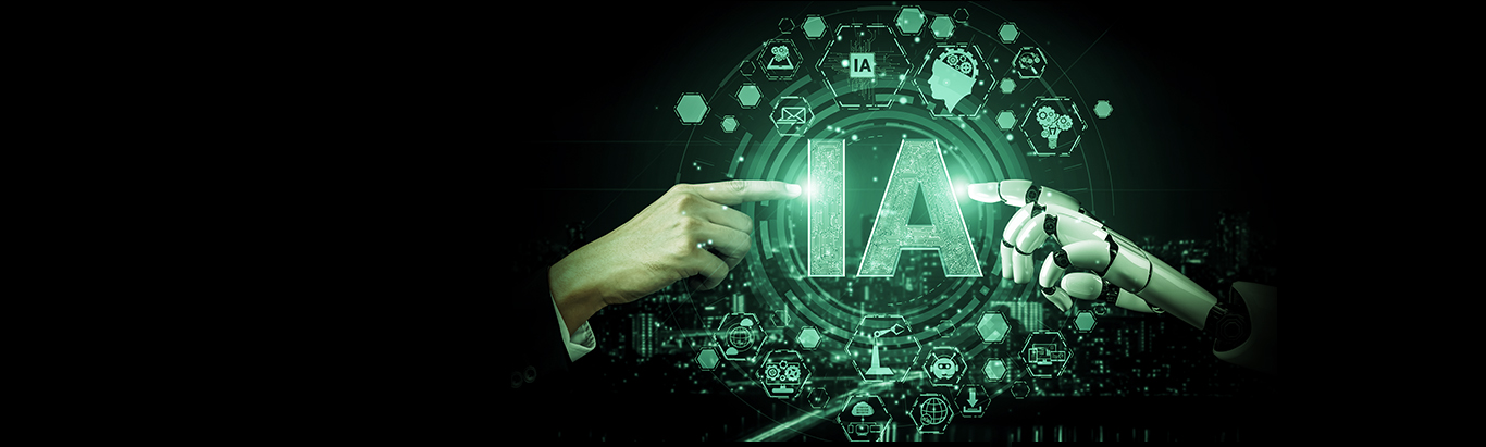 Montagem de uma mão humana com uma mão de robô demonstrando conexão com IA